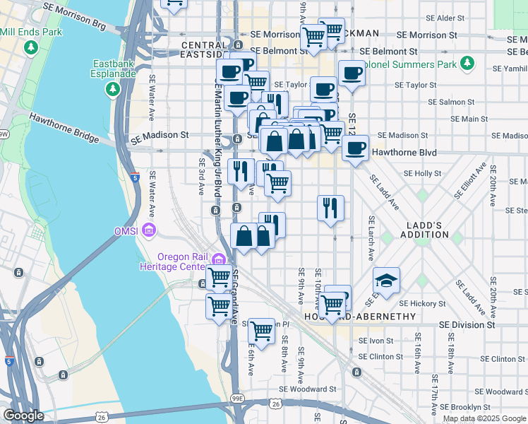 map of restaurants, bars, coffee shops, grocery stores, and more near 616 Southeast Mill Street in Portland