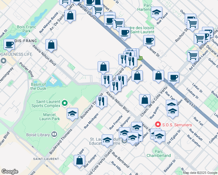 map of restaurants, bars, coffee shops, grocery stores, and more near 1325 Boulevard Alexis-Nihon in Montréal