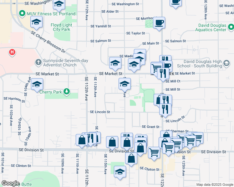 map of restaurants, bars, coffee shops, grocery stores, and more near Southeast Stephens Street in Portland