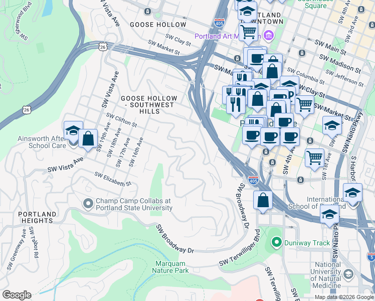 map of restaurants, bars, coffee shops, grocery stores, and more near 1225 Southwest Rivington Drive in Portland