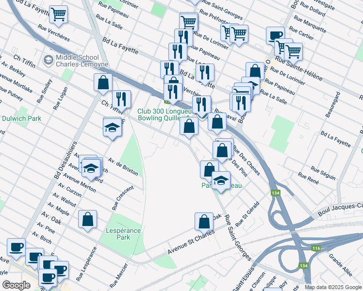 map of restaurants, bars, coffee shops, grocery stores, and more near 587 Chemin Tiffin in Saint-Lambert