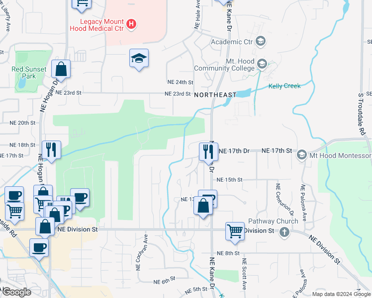 map of restaurants, bars, coffee shops, grocery stores, and more near 3080 Northeast 18th Court in Gresham