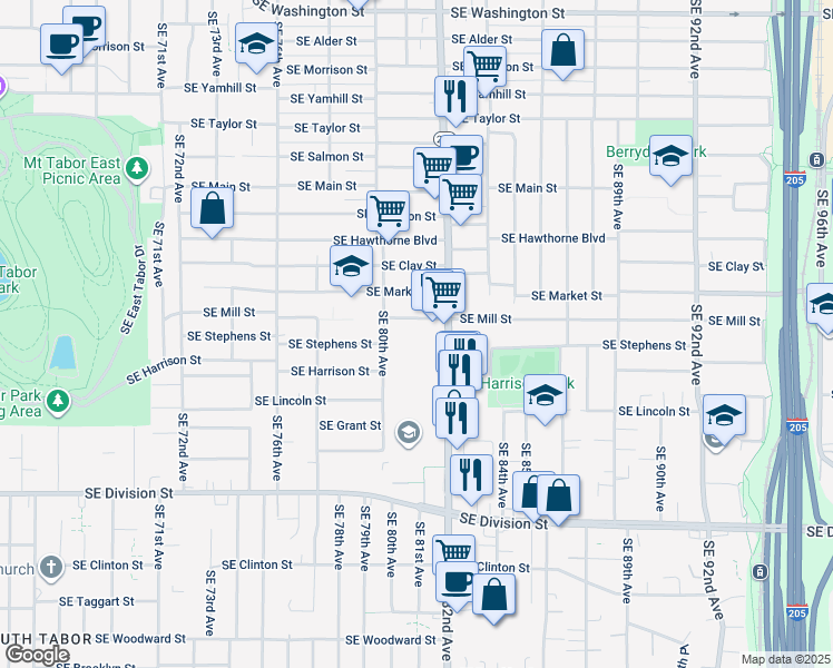 map of restaurants, bars, coffee shops, grocery stores, and more near 8058 Southeast Mill Street in Portland