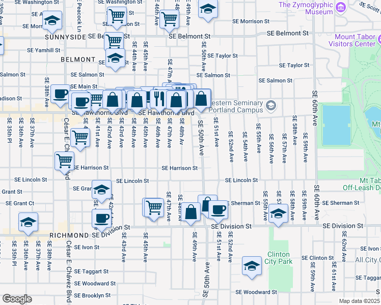 map of restaurants, bars, coffee shops, grocery stores, and more near 1802 Southeast 48th Avenue in Portland