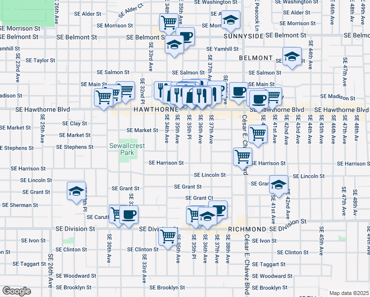 map of restaurants, bars, coffee shops, grocery stores, and more near 1803 Southeast 35th Place in Portland
