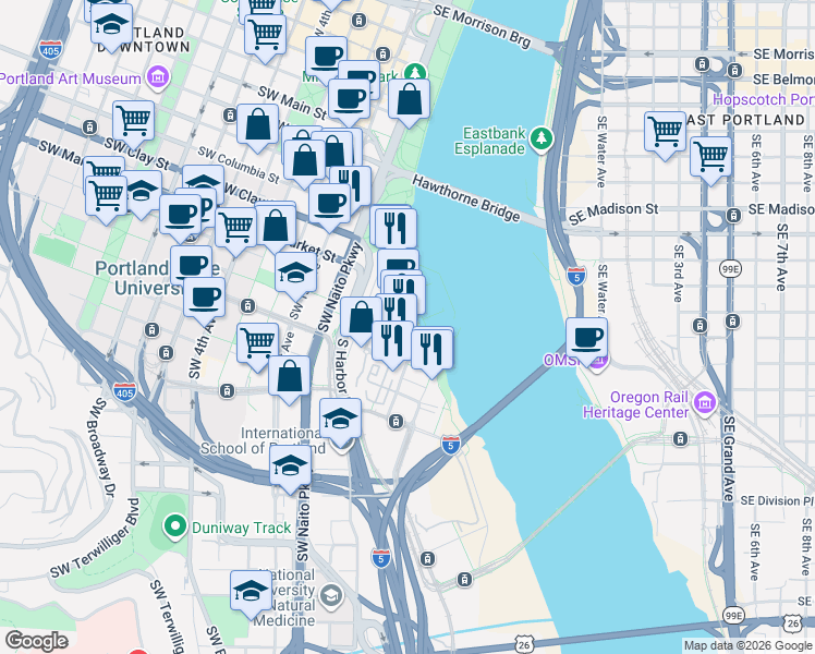 map of restaurants, bars, coffee shops, grocery stores, and more near 0315 Southwest Montgomery Street in Portland