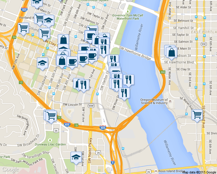 map of restaurants, bars, coffee shops, grocery stores, and more near 615 Southwest Harrison Street in Portland