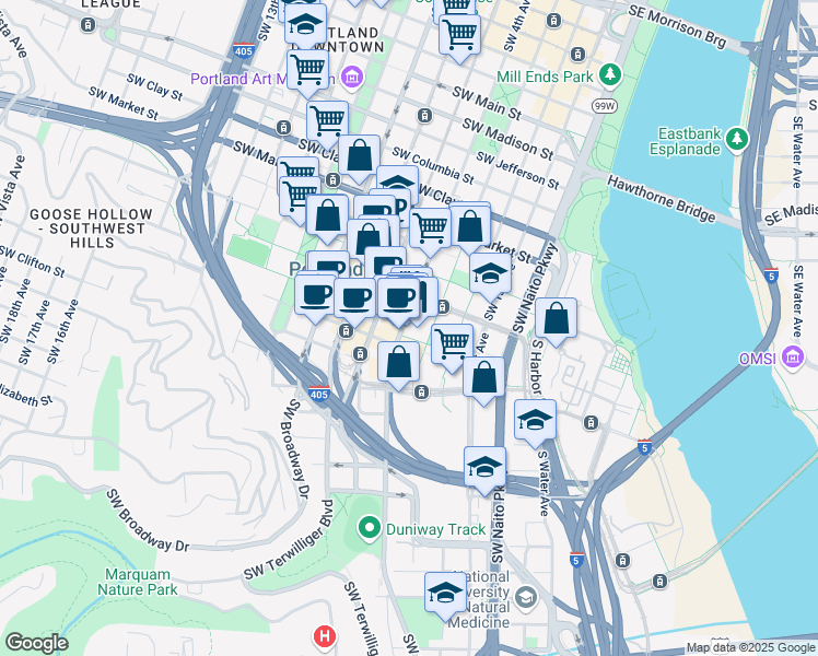 map of restaurants, bars, coffee shops, grocery stores, and more near in Portland