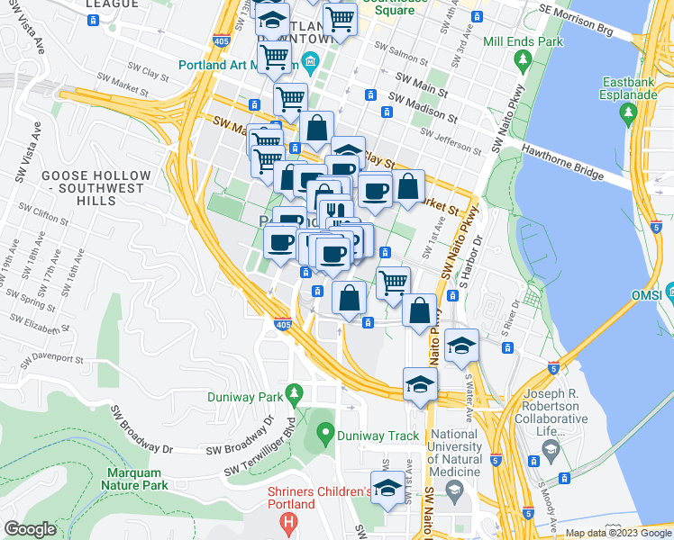 map of restaurants, bars, coffee shops, grocery stores, and more near 1881 Southwest 5th Avenue in Portland
