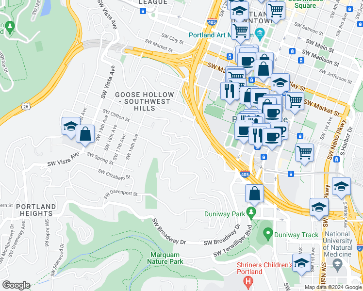 map of restaurants, bars, coffee shops, grocery stores, and more near 1225 Southwest Rivington Drive in Portland