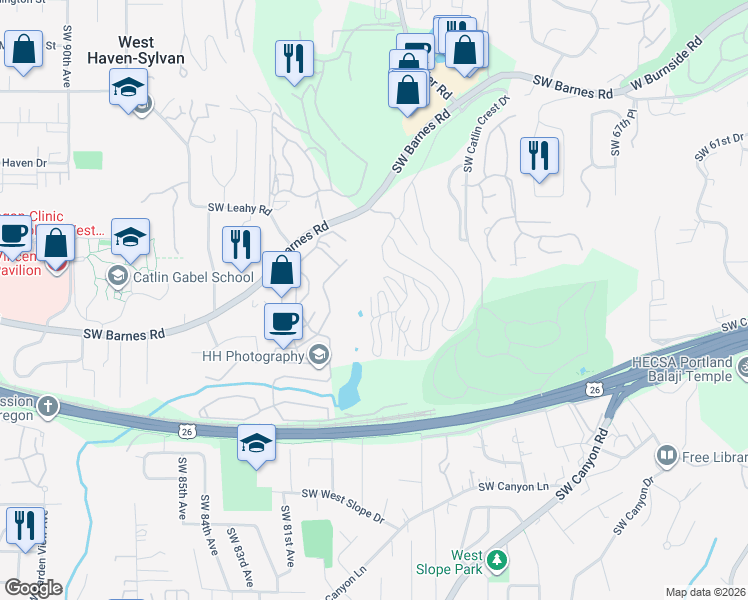 map of restaurants, bars, coffee shops, grocery stores, and more near 7552 Southwest Barnes Road in Portland