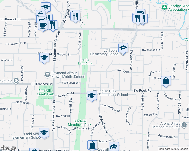 map of restaurants, bars, coffee shops, grocery stores, and more near 21180 Southwest Jay Street in Aloha
