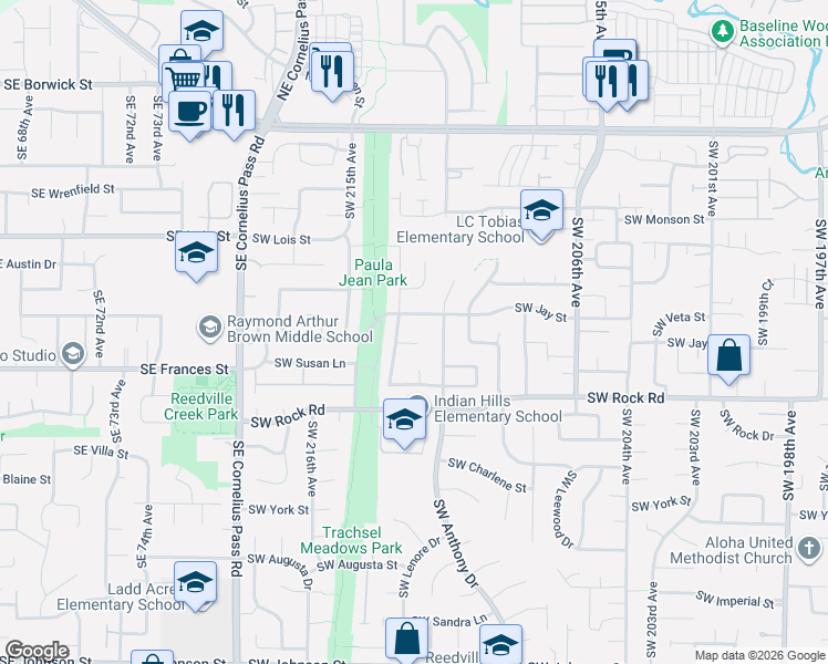 map of restaurants, bars, coffee shops, grocery stores, and more near 21180 Southwest Jay Street in Aloha
