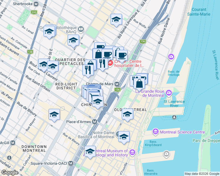 map of restaurants, bars, coffee shops, grocery stores, and more near in Montréal