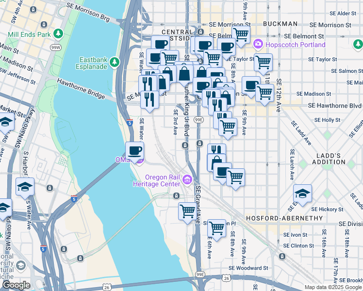 map of restaurants, bars, coffee shops, grocery stores, and more near in Portland