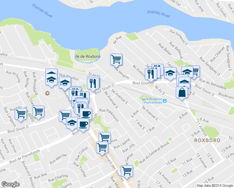 map of restaurants, bars, coffee shops, grocery stores, and more near 5e Rue in Montréal