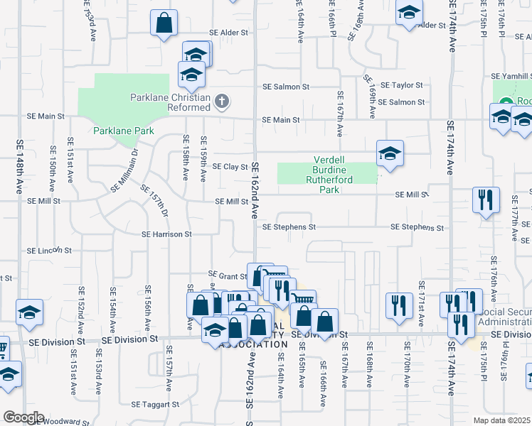 map of restaurants, bars, coffee shops, grocery stores, and more near 1820 Southeast 162nd Avenue in Portland