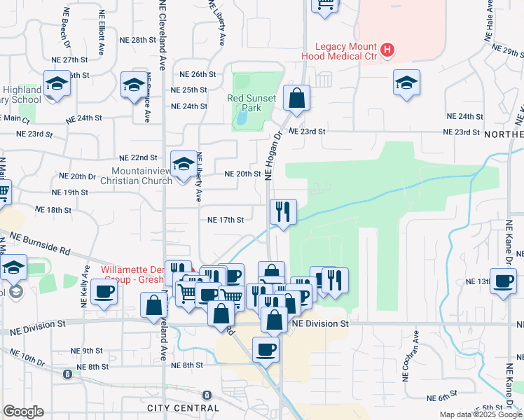 map of restaurants, bars, coffee shops, grocery stores, and more near 1650 Northeast 18th Street in Gresham