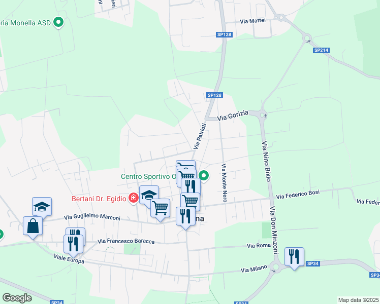 map of restaurants, bars, coffee shops, grocery stores, and more near Via Monte Gallio in Ossona