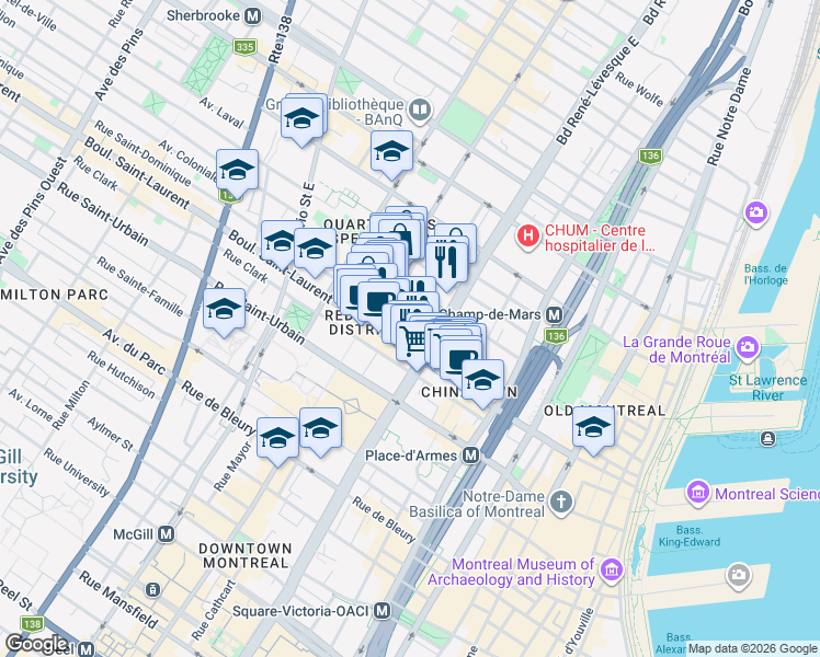 map of restaurants, bars, coffee shops, grocery stores, and more near 1205 Rue Saint Dominique in Montréal