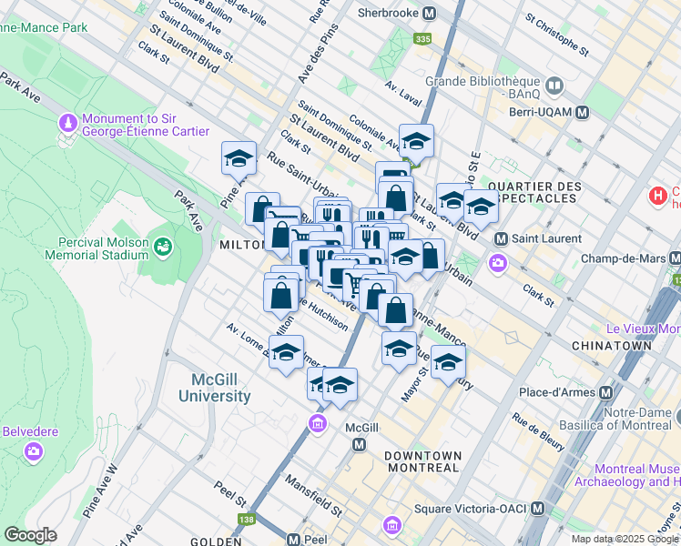 map of restaurants, bars, coffee shops, grocery stores, and more near 3462 Rue Jeanne-Mance in Montréal