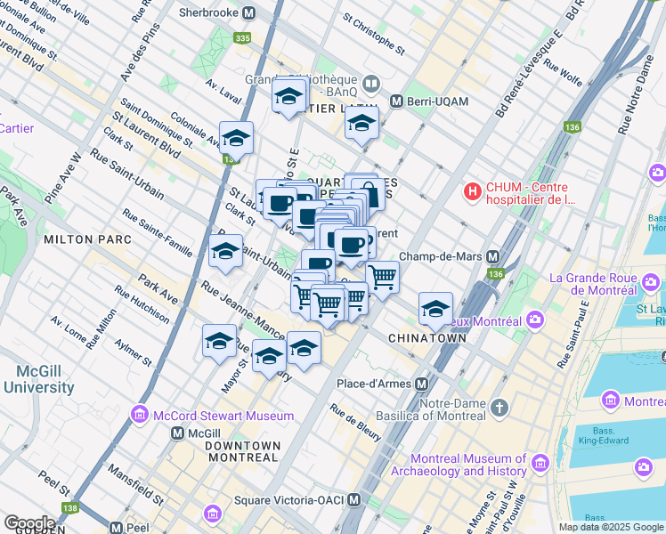 map of restaurants, bars, coffee shops, grocery stores, and more near 11 Sainte-Catherine Ouest in Montréal