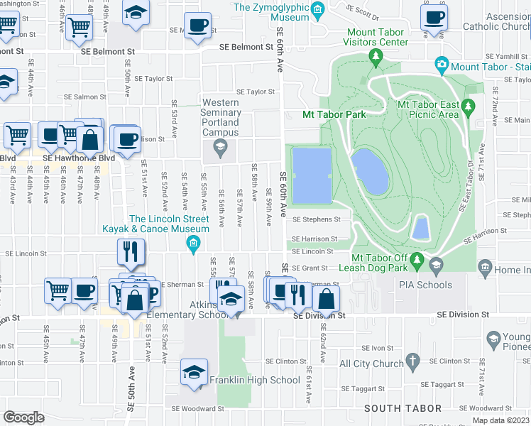 map of restaurants, bars, coffee shops, grocery stores, and more near 1806 Southeast 59th Avenue in Portland
