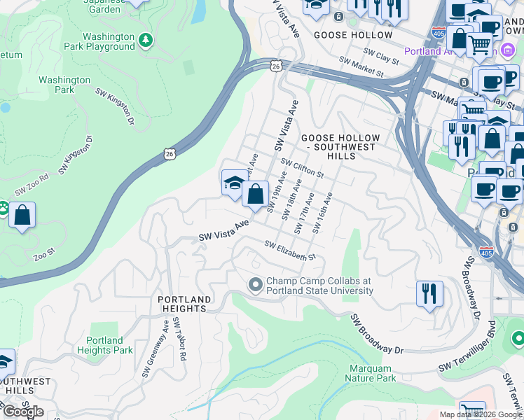 map of restaurants, bars, coffee shops, grocery stores, and more near in Portland