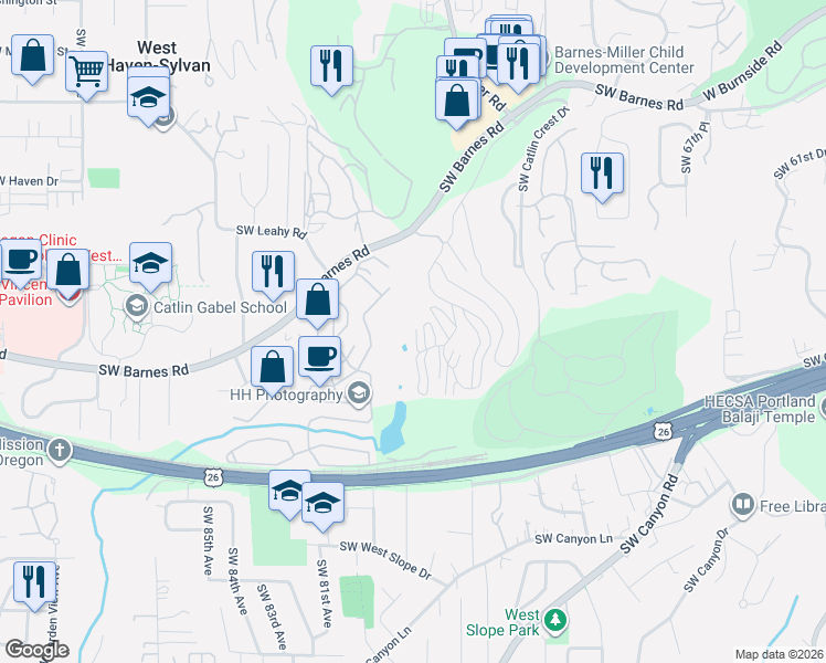 map of restaurants, bars, coffee shops, grocery stores, and more near 7552 Southwest Barnes Road in Portland