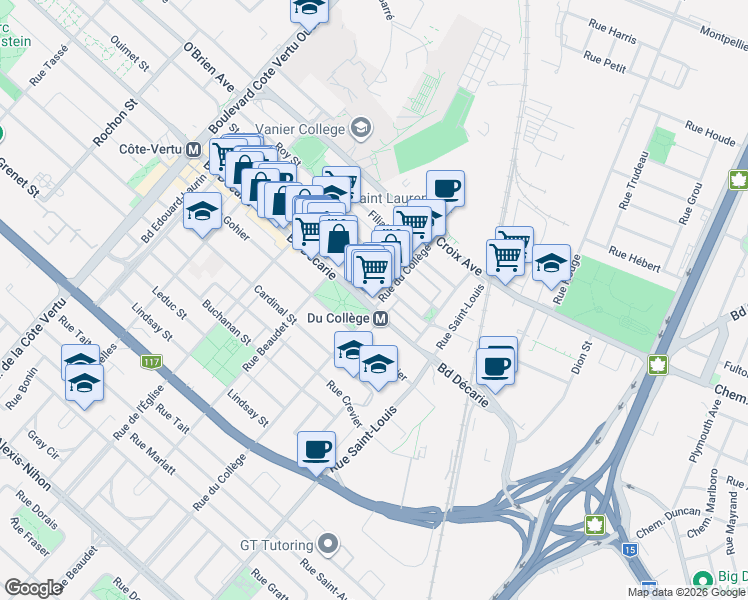 map of restaurants, bars, coffee shops, grocery stores, and more near 1475 Rue du Collège in Montréal