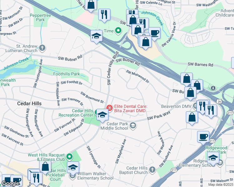 map of restaurants, bars, coffee shops, grocery stores, and more near 11467 Southwest Foothill Drive in Portland