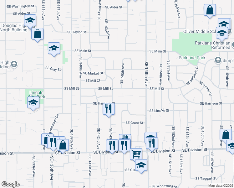 map of restaurants, bars, coffee shops, grocery stores, and more near 14266 Southeast Mill Street in Portland
