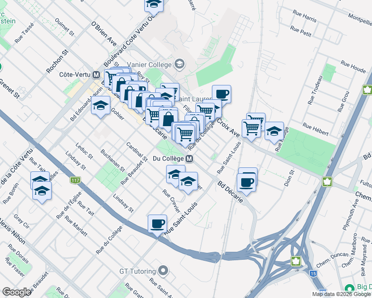 map of restaurants, bars, coffee shops, grocery stores, and more near 1475 Rue du Collège in Montréal