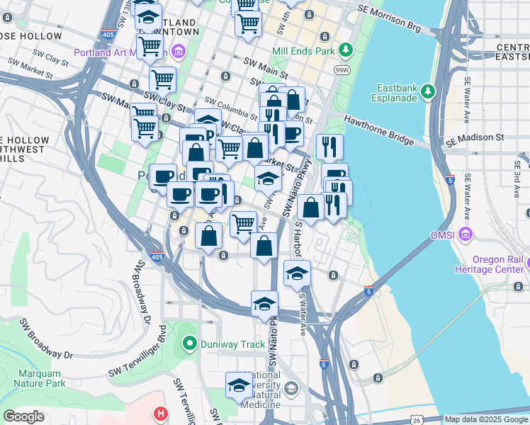 map of restaurants, bars, coffee shops, grocery stores, and more near 1859 Southwest 1st Avenue in Portland