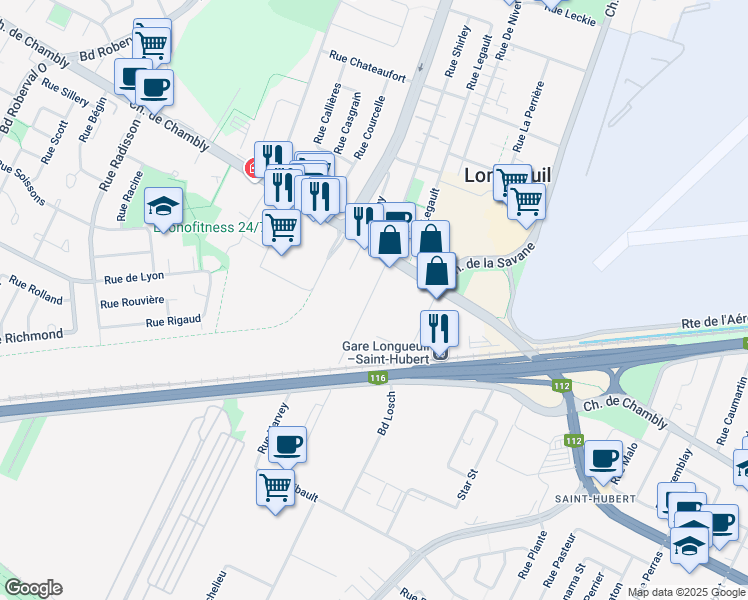 map of restaurants, bars, coffee shops, grocery stores, and more near 2175 Rue Desautels in Longueuil