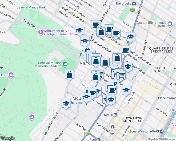 map of restaurants, bars, coffee shops, grocery stores, and more near 405 Rue Prince Arthur Ouest in Montréal