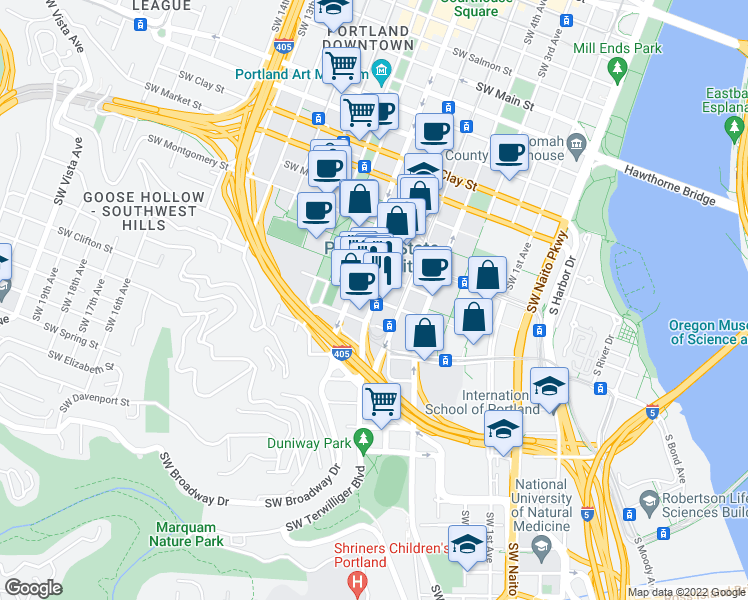 map of restaurants, bars, coffee shops, grocery stores, and more near SW 6th Ave & SW College St in Portland