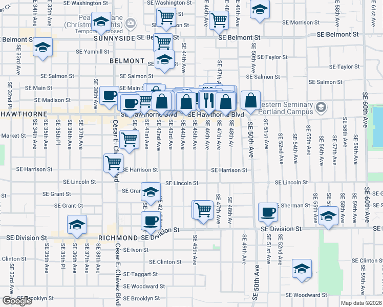 map of restaurants, bars, coffee shops, grocery stores, and more near 1831 Southeast 45th Avenue in Portland