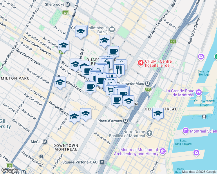 map of restaurants, bars, coffee shops, grocery stores, and more near 98 Charlotte Street in Montrã©Al