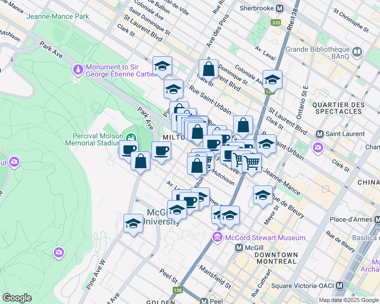 map of restaurants, bars, coffee shops, grocery stores, and more near in Montreal