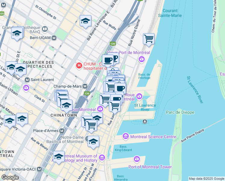 map of restaurants, bars, coffee shops, grocery stores, and more near 348 Rue Notre-Dame Est in Montréal