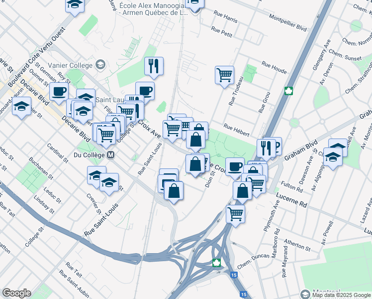 map of restaurants, bars, coffee shops, grocery stores, and more near 359 Avenue Sainte-Croix in Montréal