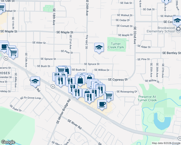 map of restaurants, bars, coffee shops, grocery stores, and more near 2439 Southeast Willow Drive in Hillsboro