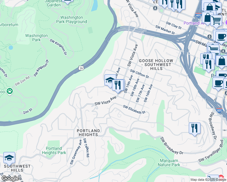 map of restaurants, bars, coffee shops, grocery stores, and more near 2425 Southwest Vista Avenue in Portland