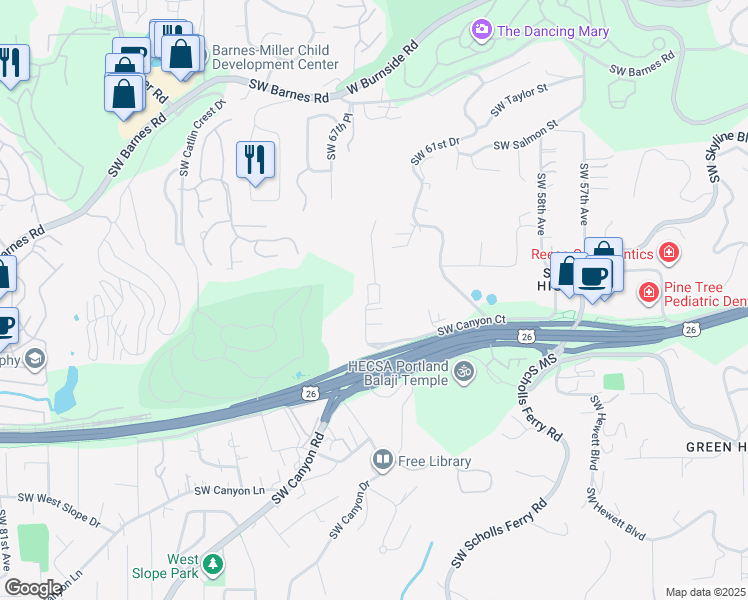 map of restaurants, bars, coffee shops, grocery stores, and more near 1380 Southwest 66th Avenue in Portland
