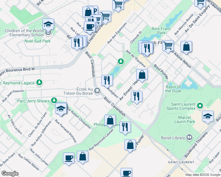 map of restaurants, bars, coffee shops, grocery stores, and more near 2067 Rue Modigliani in Montréal