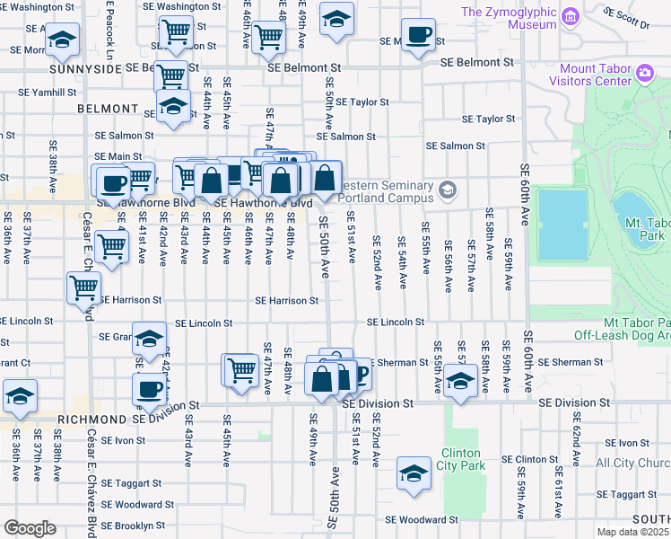 map of restaurants, bars, coffee shops, grocery stores, and more near 1815 Southeast 50th Avenue in Portland