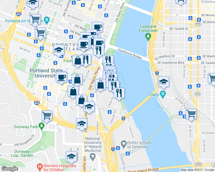 map of restaurants, bars, coffee shops, grocery stores, and more near 1750 South Harbor Drive in Portland