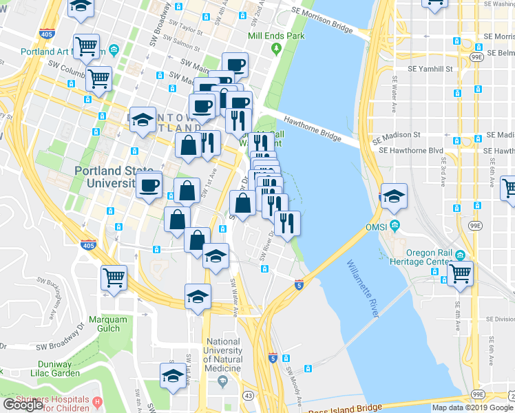 map of restaurants, bars, coffee shops, grocery stores, and more near 1750 South Harbor Drive in Portland