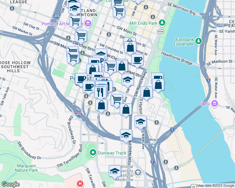 map of restaurants, bars, coffee shops, grocery stores, and more near in Portland